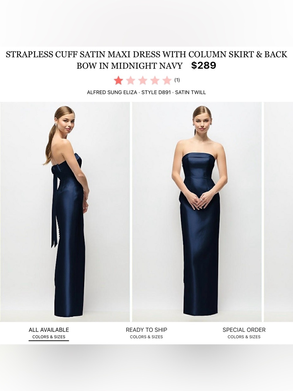 ALFRED SUNG Strapless Satin Column Gown in Midnight Navy